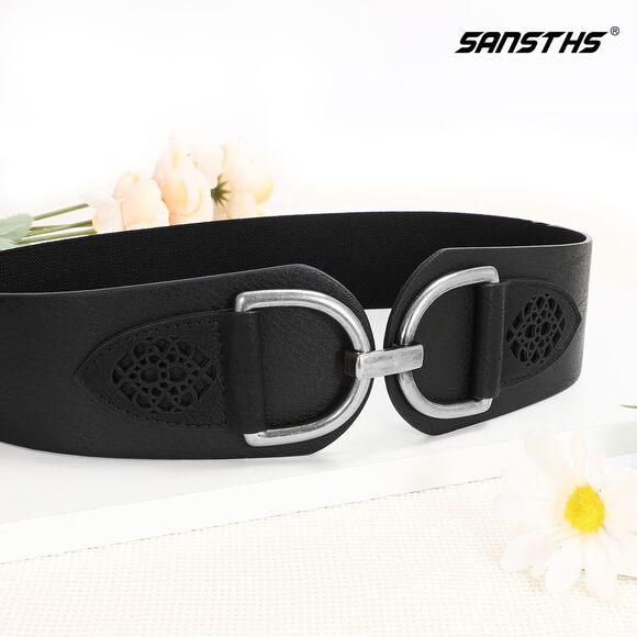 Vintage Women Stretchy Wide Belt Chunky Buckle Elastic Wide Waist Belts 8397